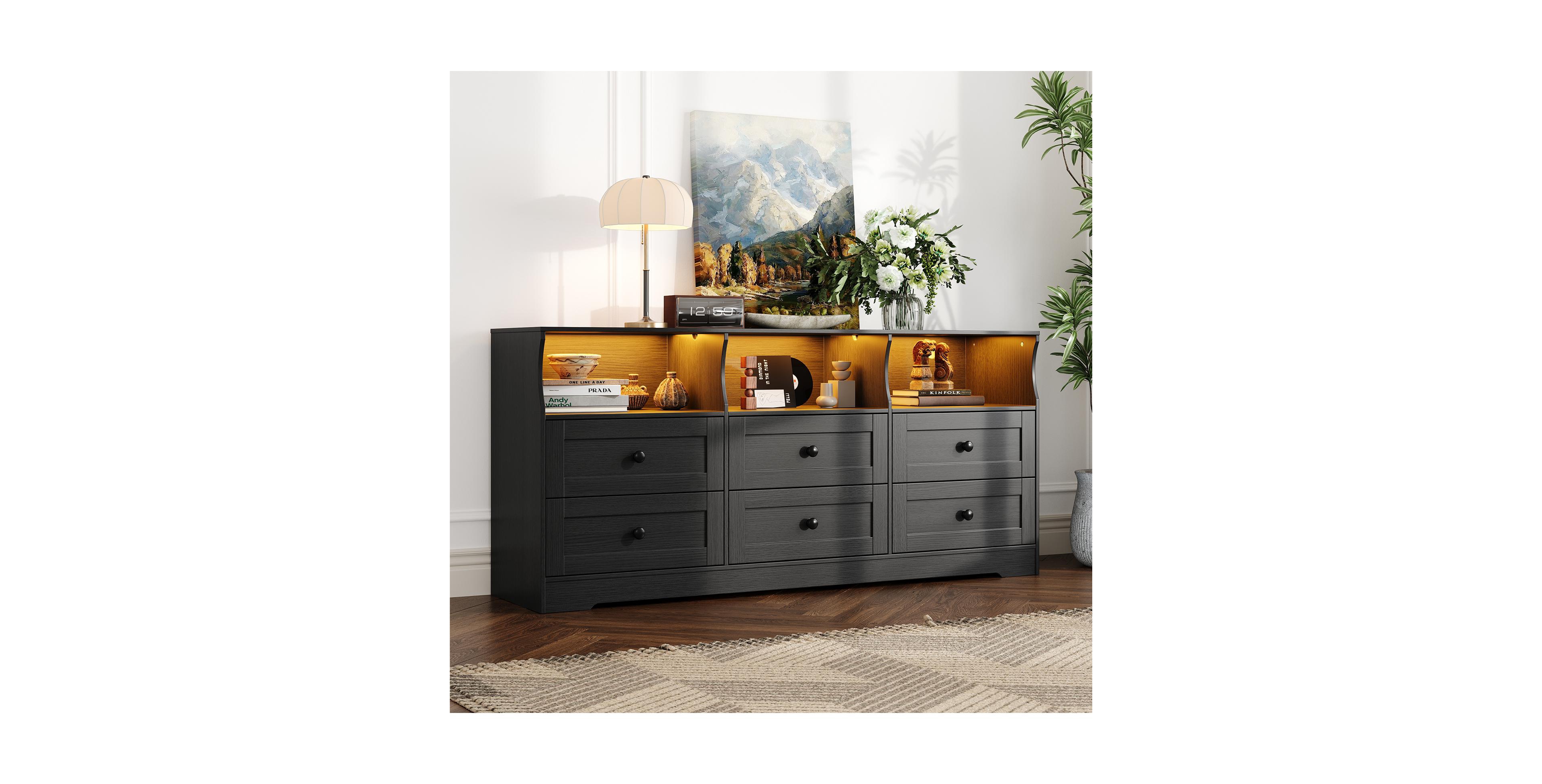 homfan Modern 6 Drawer Dresser Slim Wooden Chest with Charging Station Led Lights Open Shelf for Bedroom Nursery