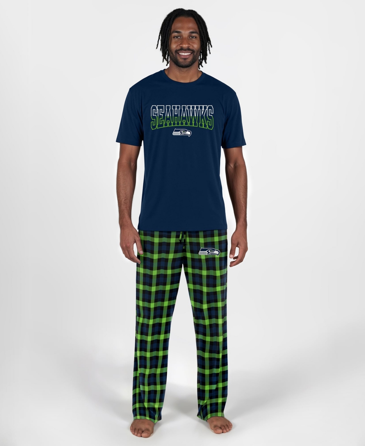 Concepts Sport Men's Seattle Seahawks Plaid Short-Sleeve T-Shirt and Pajama Pants, 2-Piece Set - College Navy