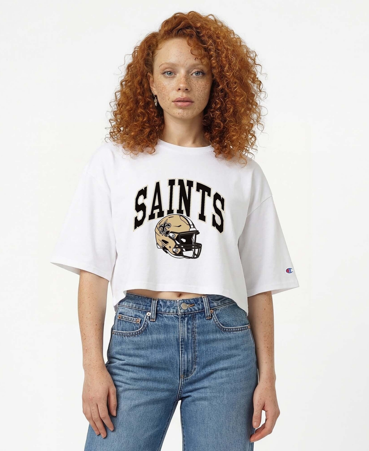Women's Champion  White New Orleans Saints Boyfriend Cropped T-Shirt