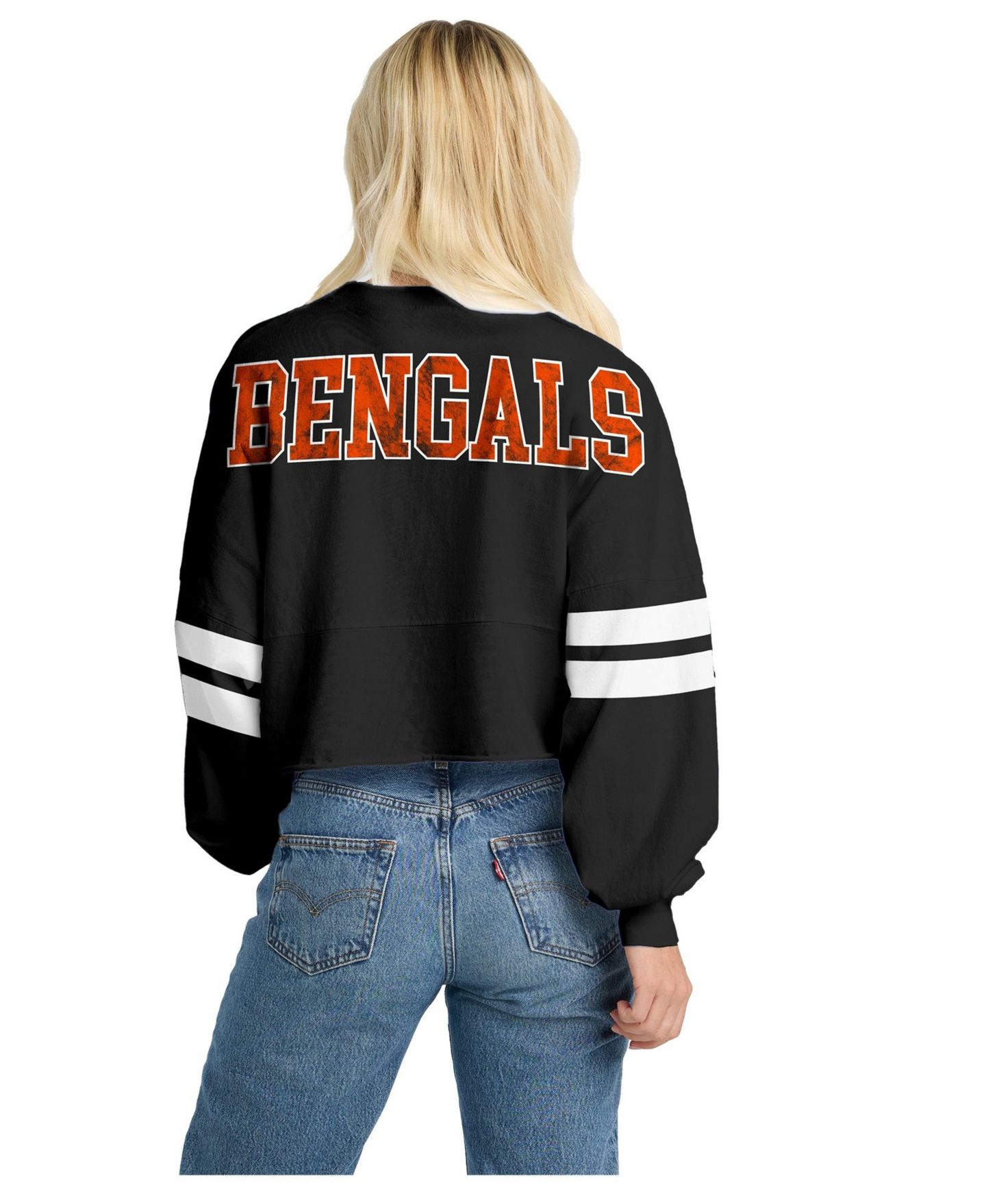 Женская футболка Spirit Jersey Black Cincinnati Bengals Oversized Cropped Stripe Long Sleeve — фото 2