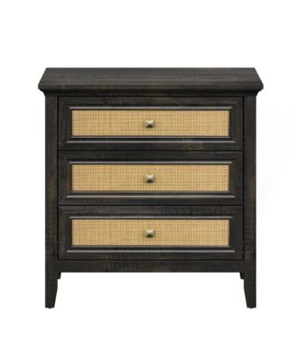 Rattan 3 Drawer Nightstand, Farmhouse Bedside Chest with Woven Drawer Fronts