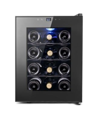 Thermoelectric Wine Cooler 12 Bottles Quiet w/ Glass Door Movable Shelf LED Light Portable Fridge For Home Kitchen Bedroom