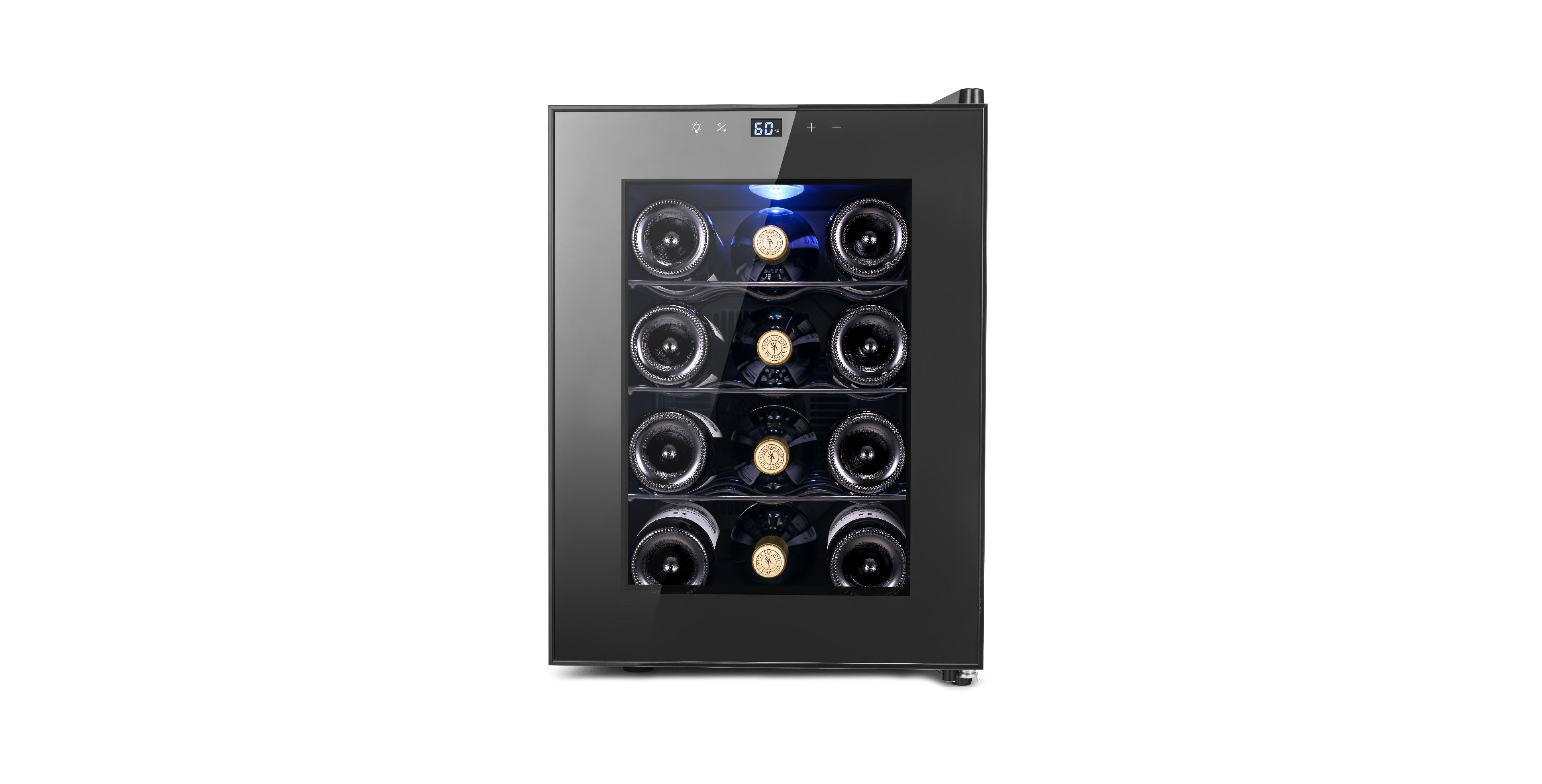 Yeego Thermoelectric Wine Cooler 12 Bottles Quiet w/ Glass Door Movable Shelf Led Light Portable Fridge For Home Kitchen Bedroom