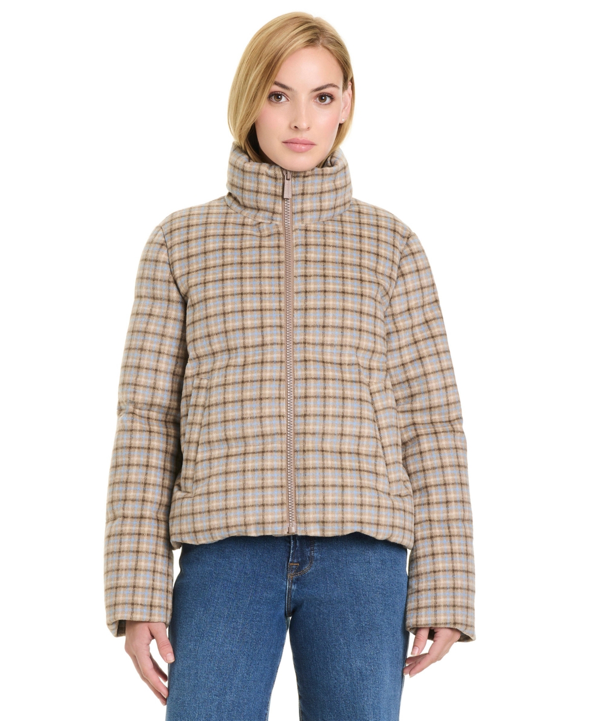 Sanctuary Women's Water-Resistant Cropped Plaid Puffer Jacket