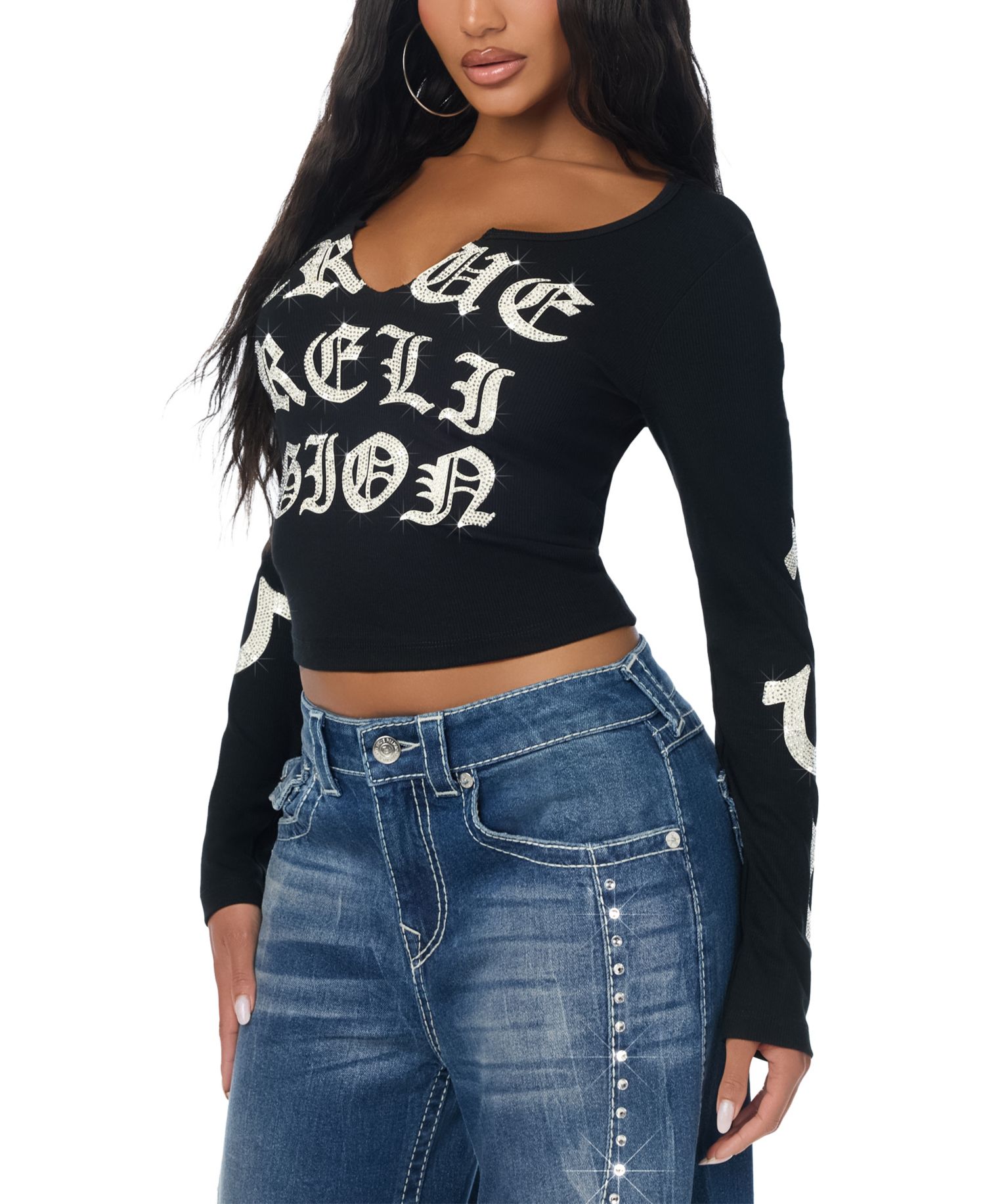 Women's Crystal Tattoo Long-Sleeve Graphic Crop Top