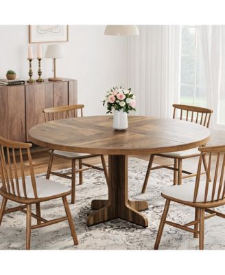 47" Round Farmhouse Dining Table, Seats 4, Walnut Finish Wood Kitchen Table with Curved Legs, for Dining Room