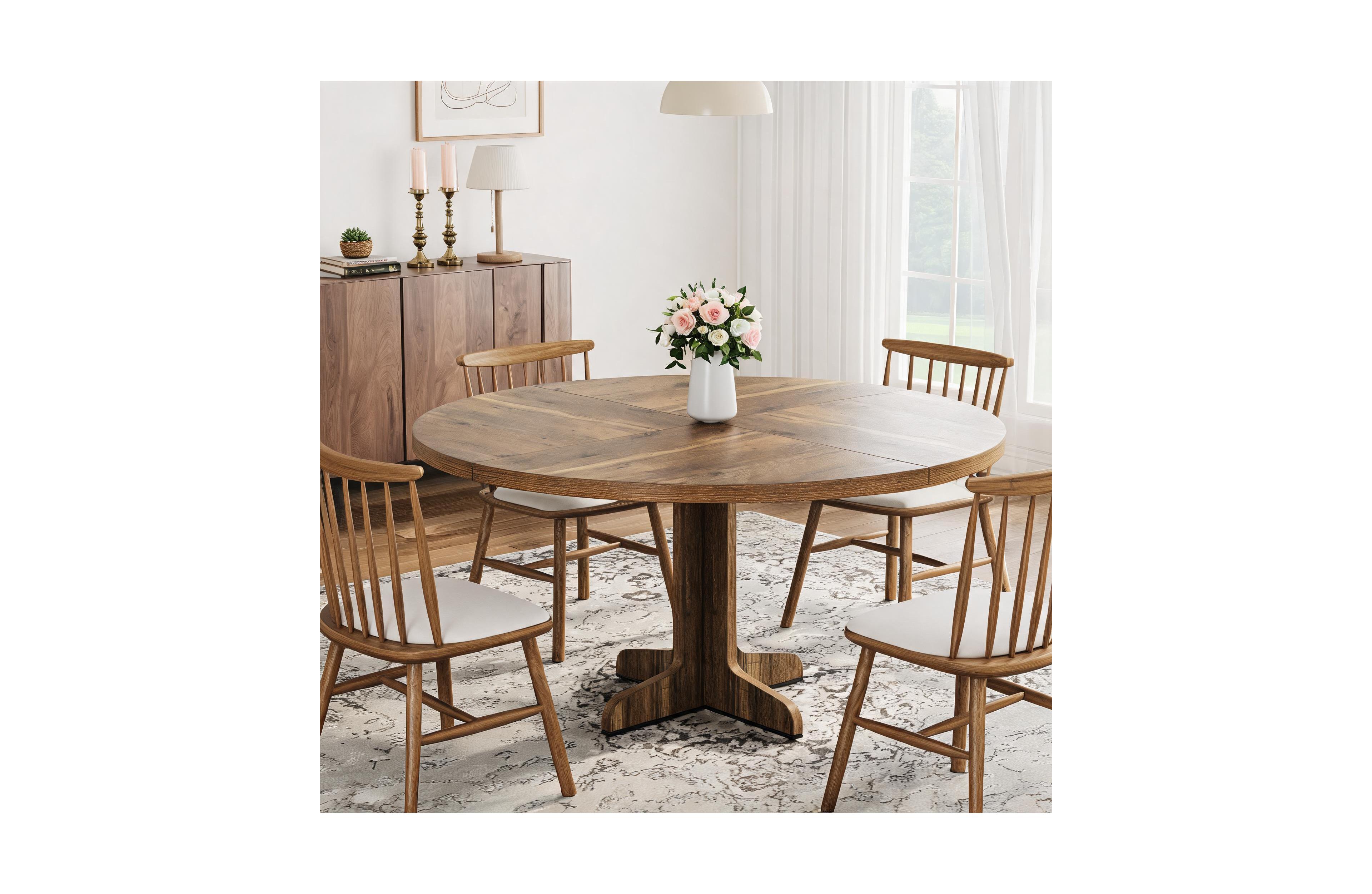 homfan 47" Round Farmhouse Dining Table, Seats 4, Walnut Finish Wood Kitchen Table with Curved Legs, for Dining Room