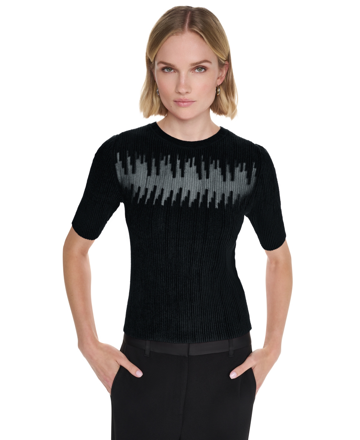 Dkny Women's Ribbed Knit Sheer-Panel Short-Sleeve Sweater - Black