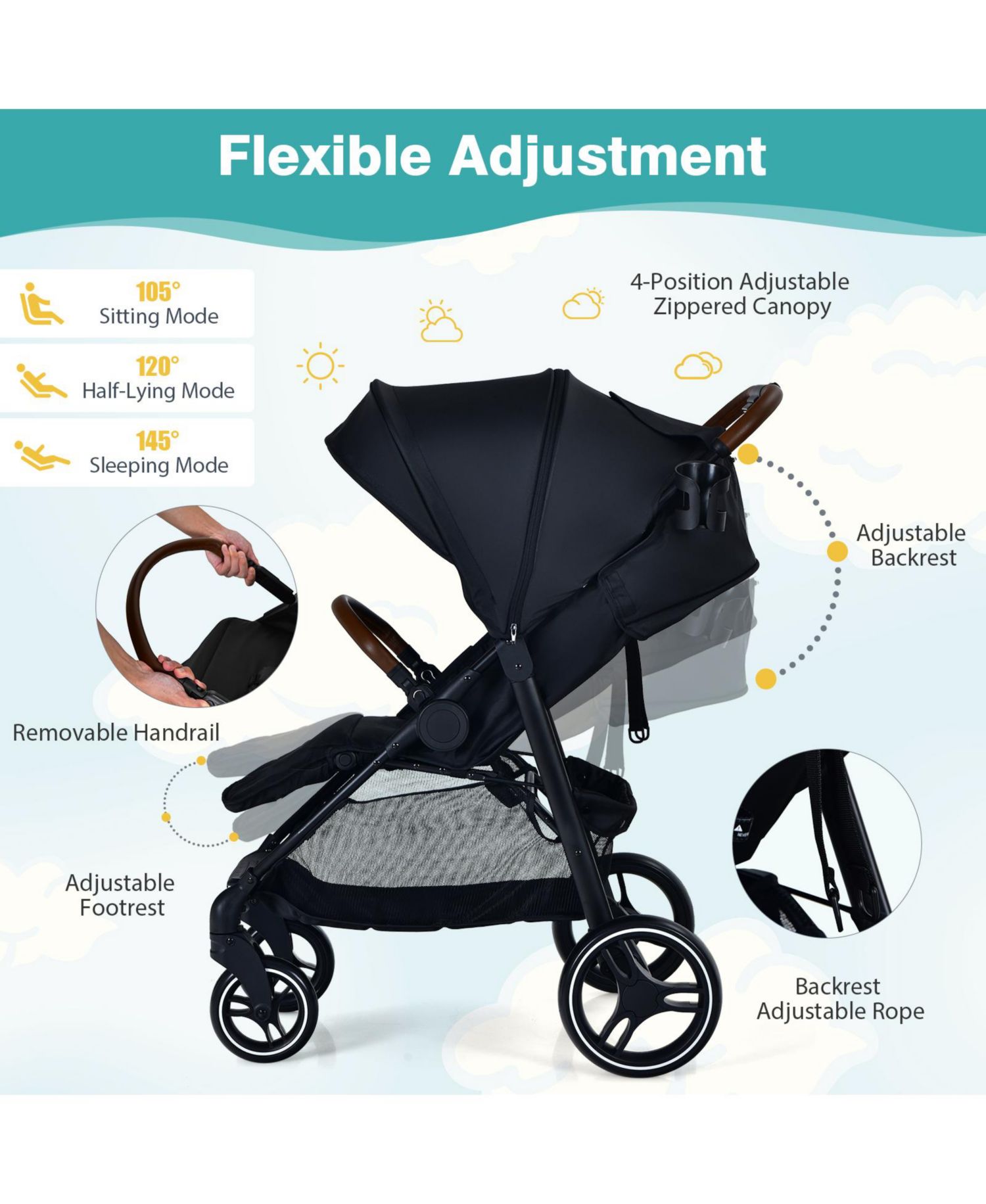 5-Point Harness Lightweight Infant Stroller with Foot Cover and Adjustable Backrest