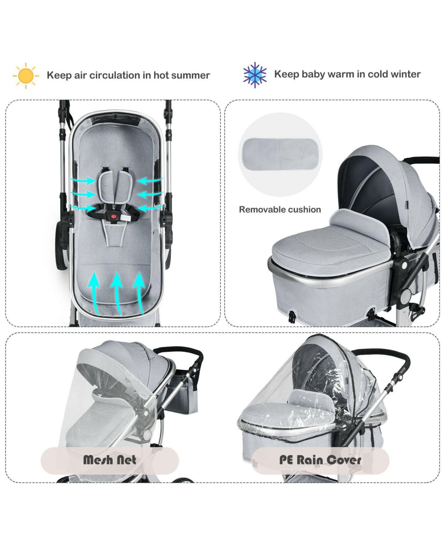 Folding Aluminum Infant Reversible Stroller with Diaper Bag