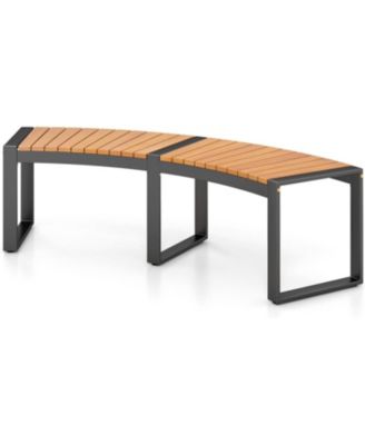 Backless Outdoor Garden Bench with Wood Slat Seat and Metal Frame