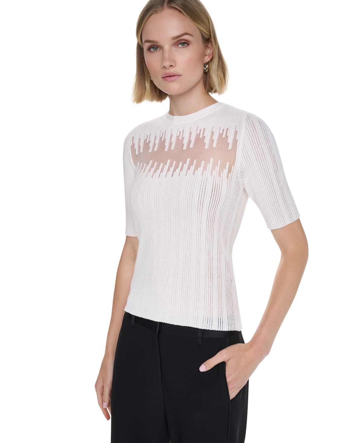 Dkny Women's Ribbed Knit Sheer-Panel Short-Sleeve Sweater - Ivory