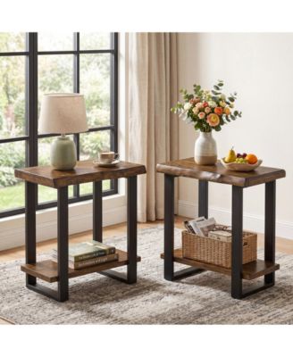 Solid Wood Side Table Set of 2, Industrial, Metal Frame