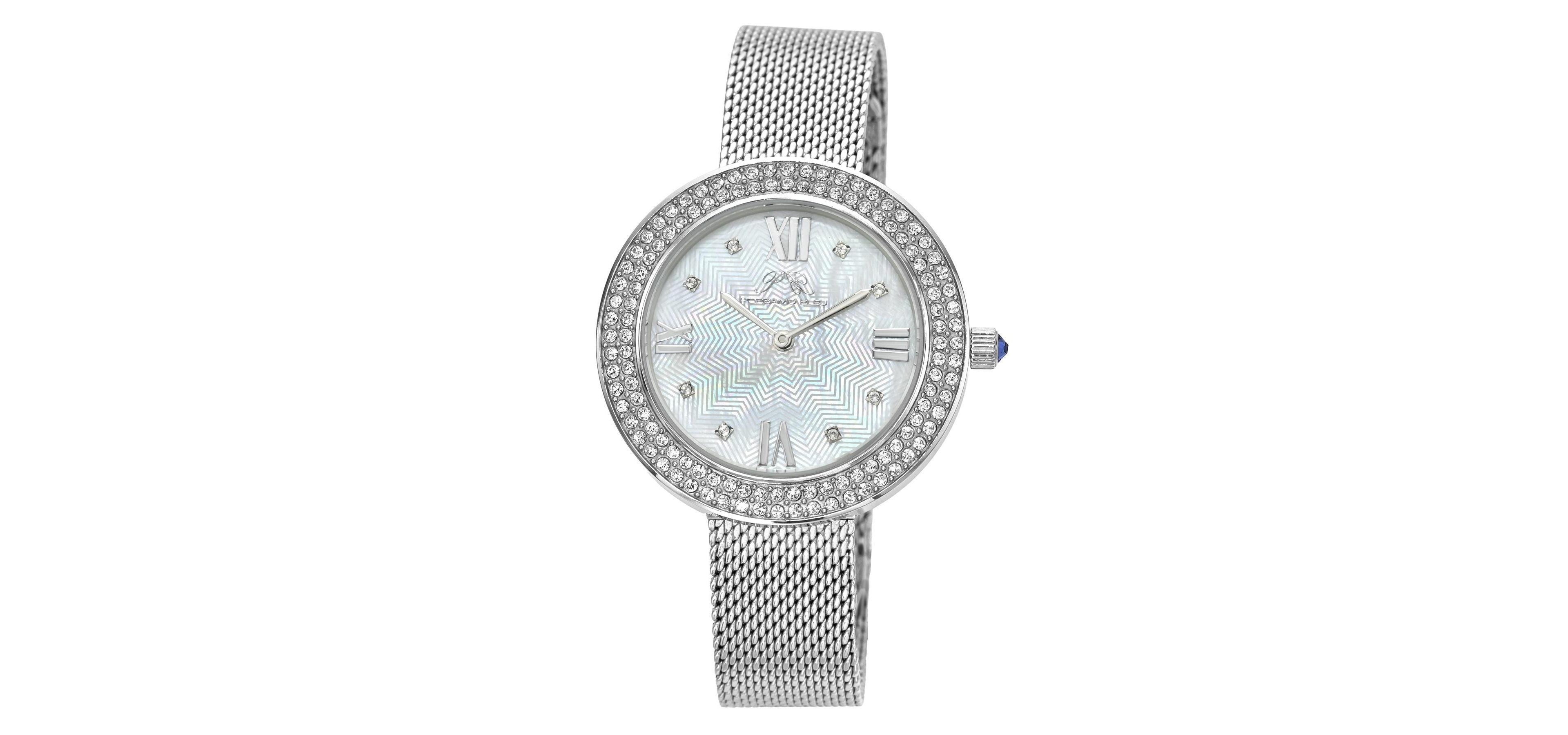 Porsamo Bleu Women's Quartz Madeleine Mother-of-Pearl Analog Silver Tone Stainless Steel Mesh Watch, 35 mm