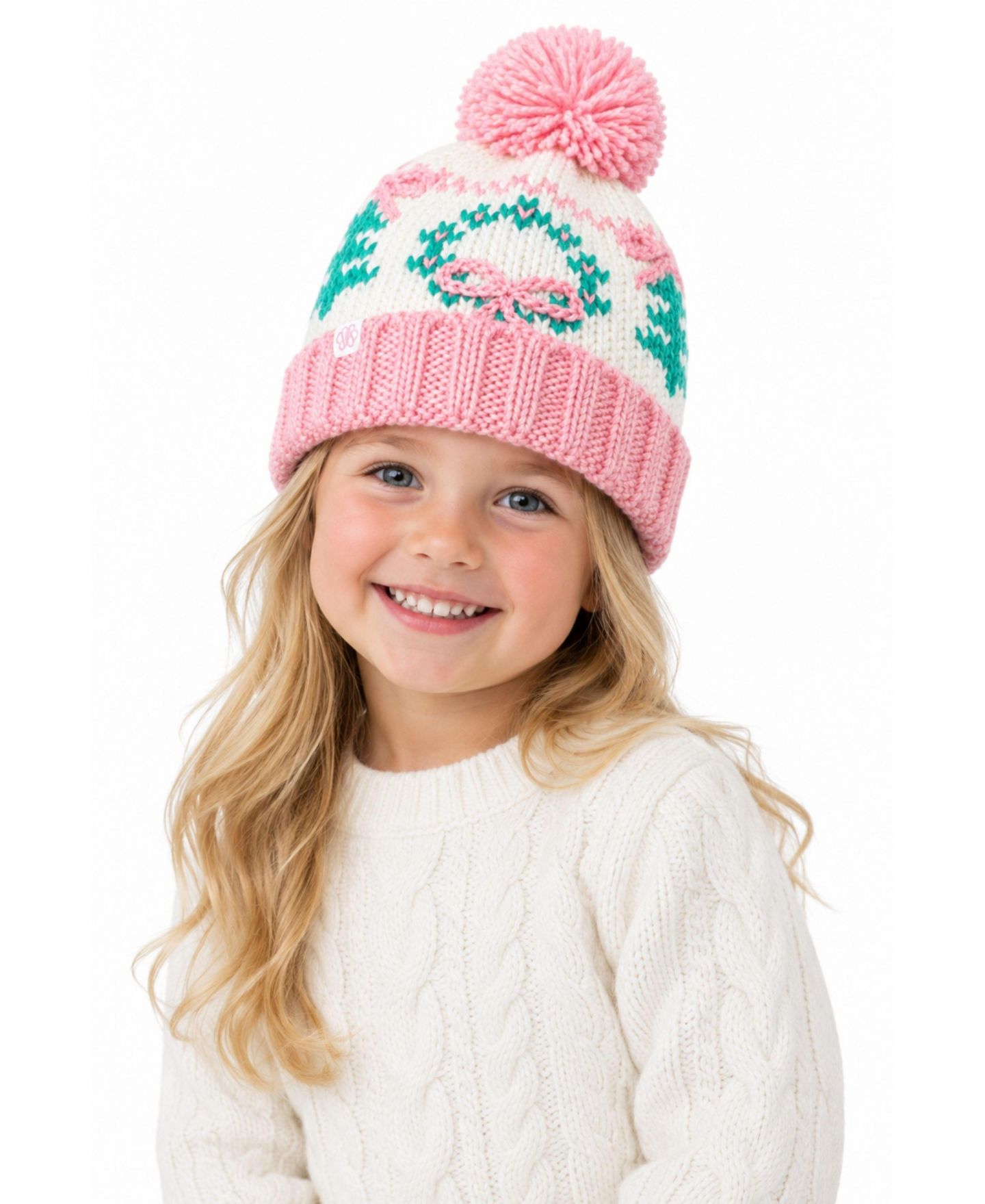 Шапка Bits & Bows Holiday Wreath Pom Beanie для девочек, цвет: Розовый / Белый — фото 2