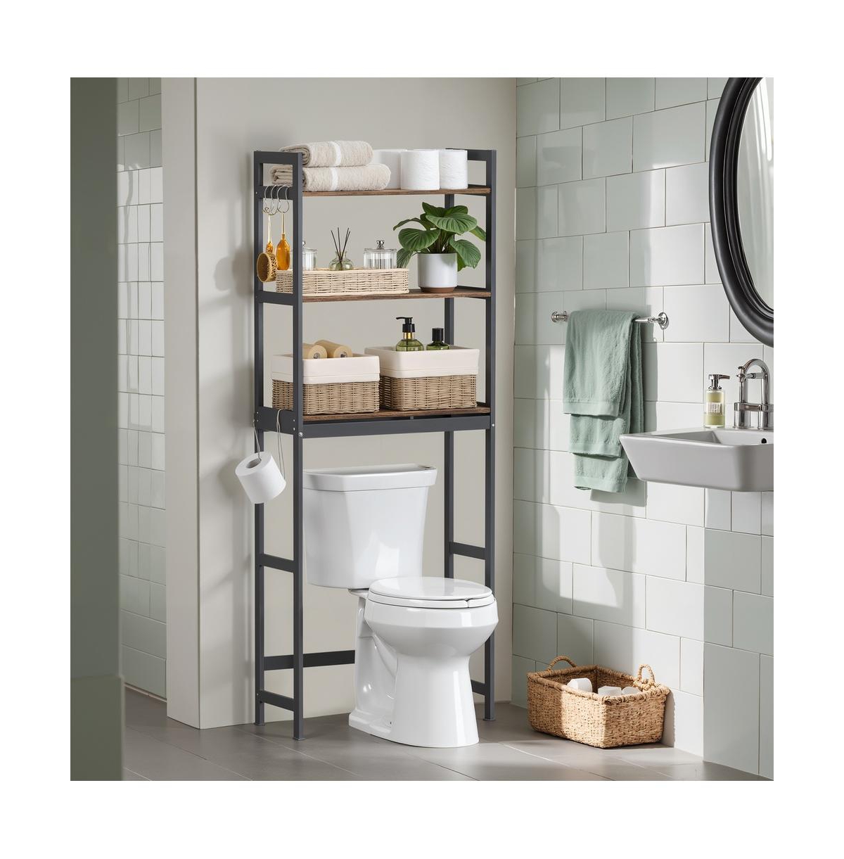 SongmicsHome Over-The-Toilet Storage, 3-Tier Bathroom Organizer Over Toilet with Adjustable Shelves, Hooks, Bamboo