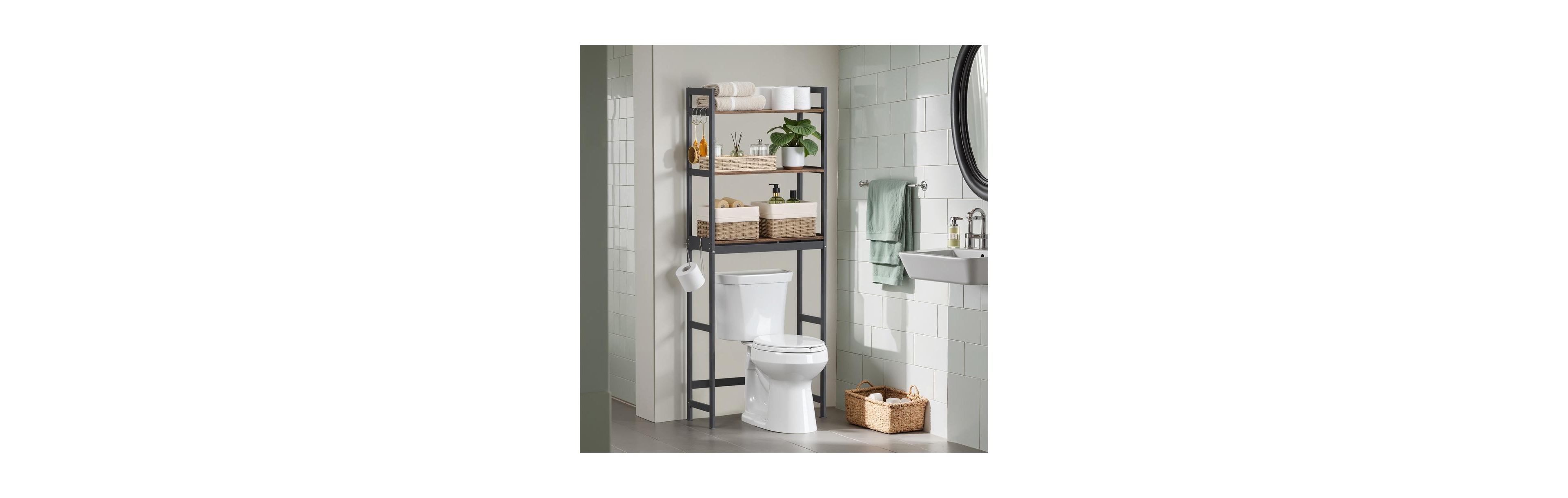 SongmicsHome Over-The-Toilet Storage, 3-Tier Bathroom Organizer Over Toilet with Adjustable Shelves, Hooks, Bamboo