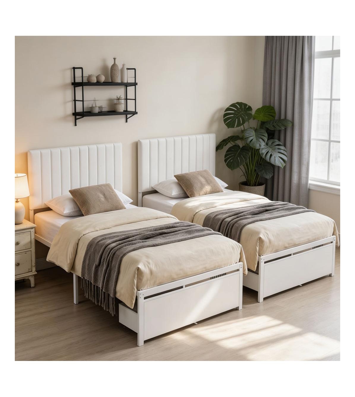 gaomon Set of 2 Twin Platform Beds with Linen Headboard and Rolling Storage Drawer 800 lb Heavy Duty Metal Frame, No Box Spring, Space Saving - Beige/