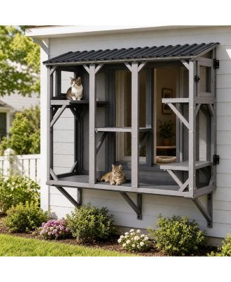 70" Wooden Cat Window Perch and Outdoor Catio - UV-Proof Roof, Rust-Proof Mesh, 5 Platforms and 2 Lounging Boxes