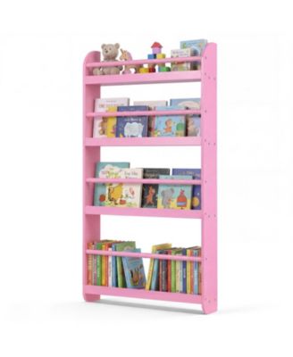 4-Tier Wall Mounted Kids Bookshelf with Basswood Crossbars