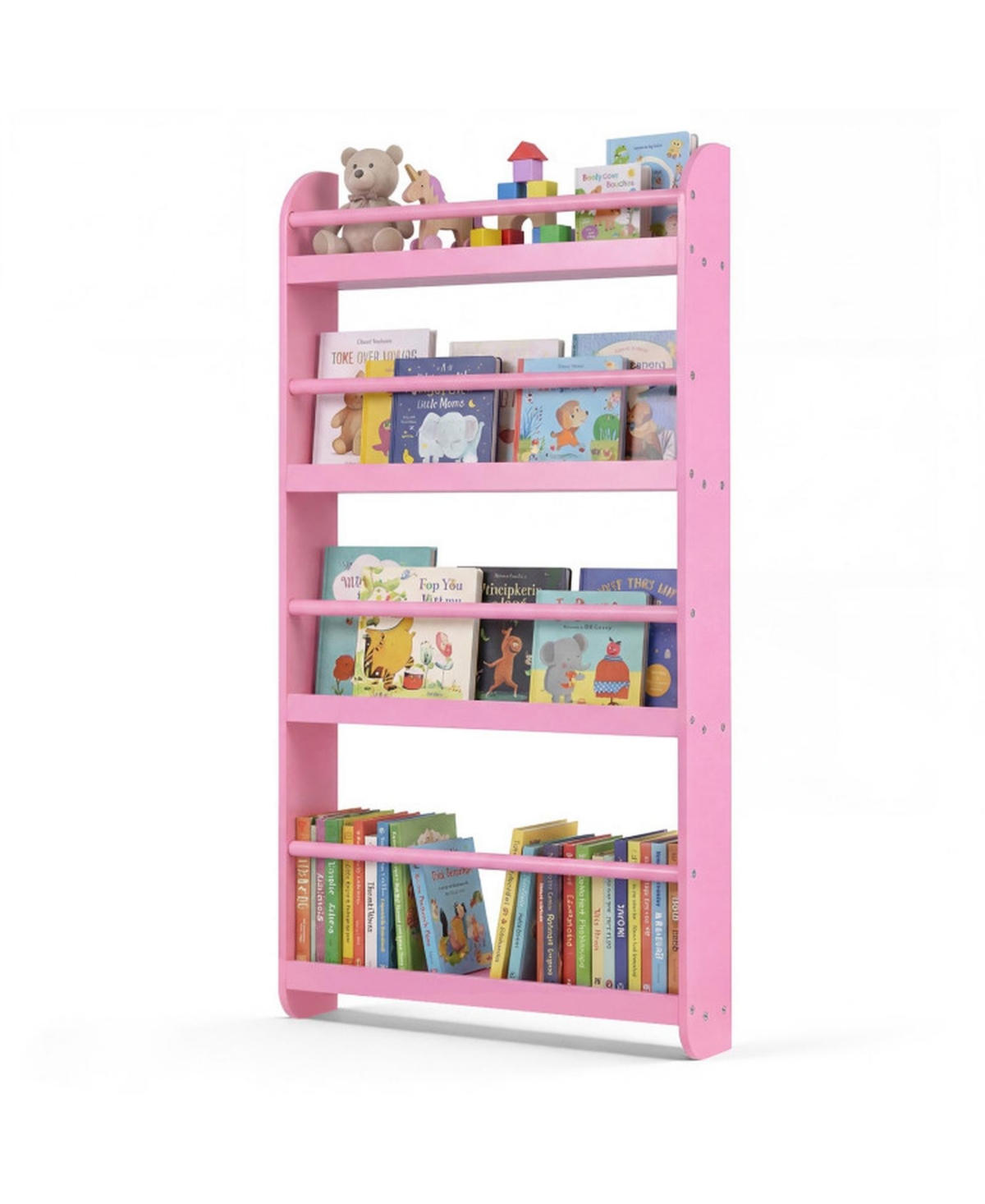 Gouun 4-Tier Wall Mounted Kids Bookshelf with Basswood Crossbars - Pink