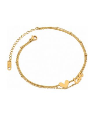 Gold-Plated Stainless Steel Heart Charm Layered Anklet with Love Script