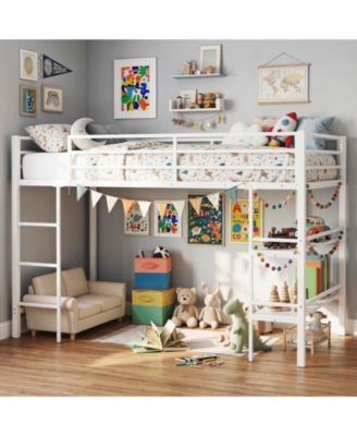 Low Loft Bed with Storage Shelves Ladder Full-length Guardrails