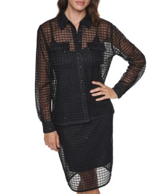 Women's Sequin Mesh Point Collar Long-Sleeve Blouse