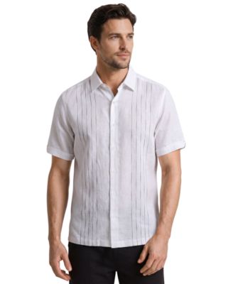 Men's Linen-Blend Short Sleeve Classic Fit Point Collar Button-Up Shirt