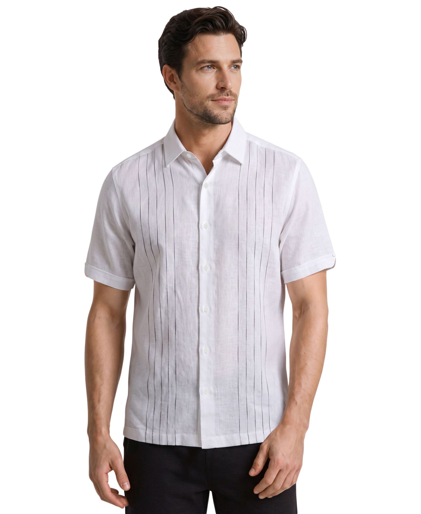 Мужская рубашка Cubavera Linen-Blend Short Sleeve Classic Fit Point Collar Button-Up, цвет: Яркий белый — фото 1