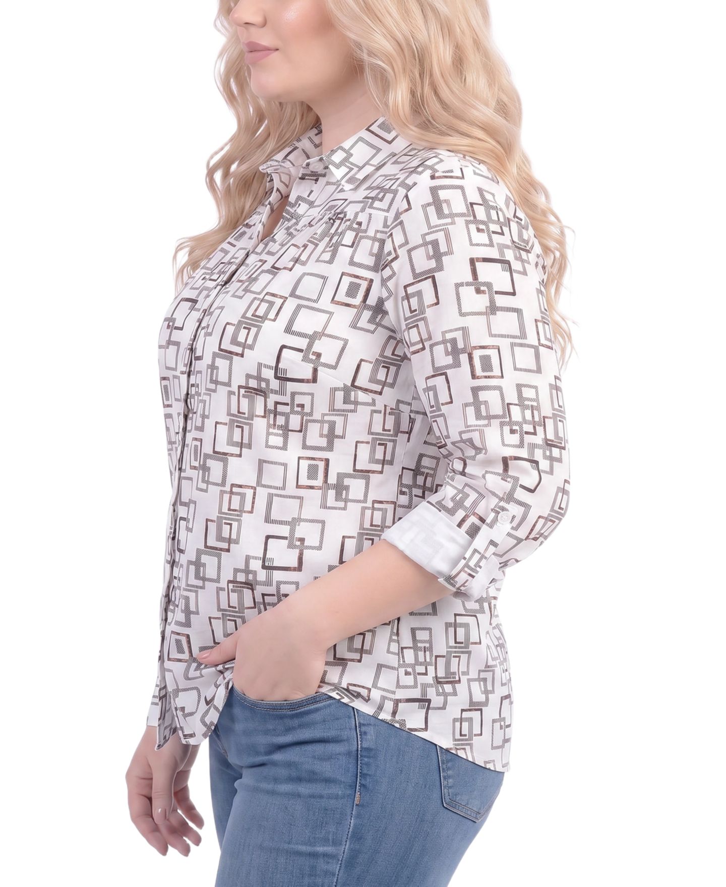 Женская блузка NY Collection Plus Size Foil Print 3/4-Sleeve Roll-Tab Collared, цвет: Слоновая кость бронзовый — фото 2