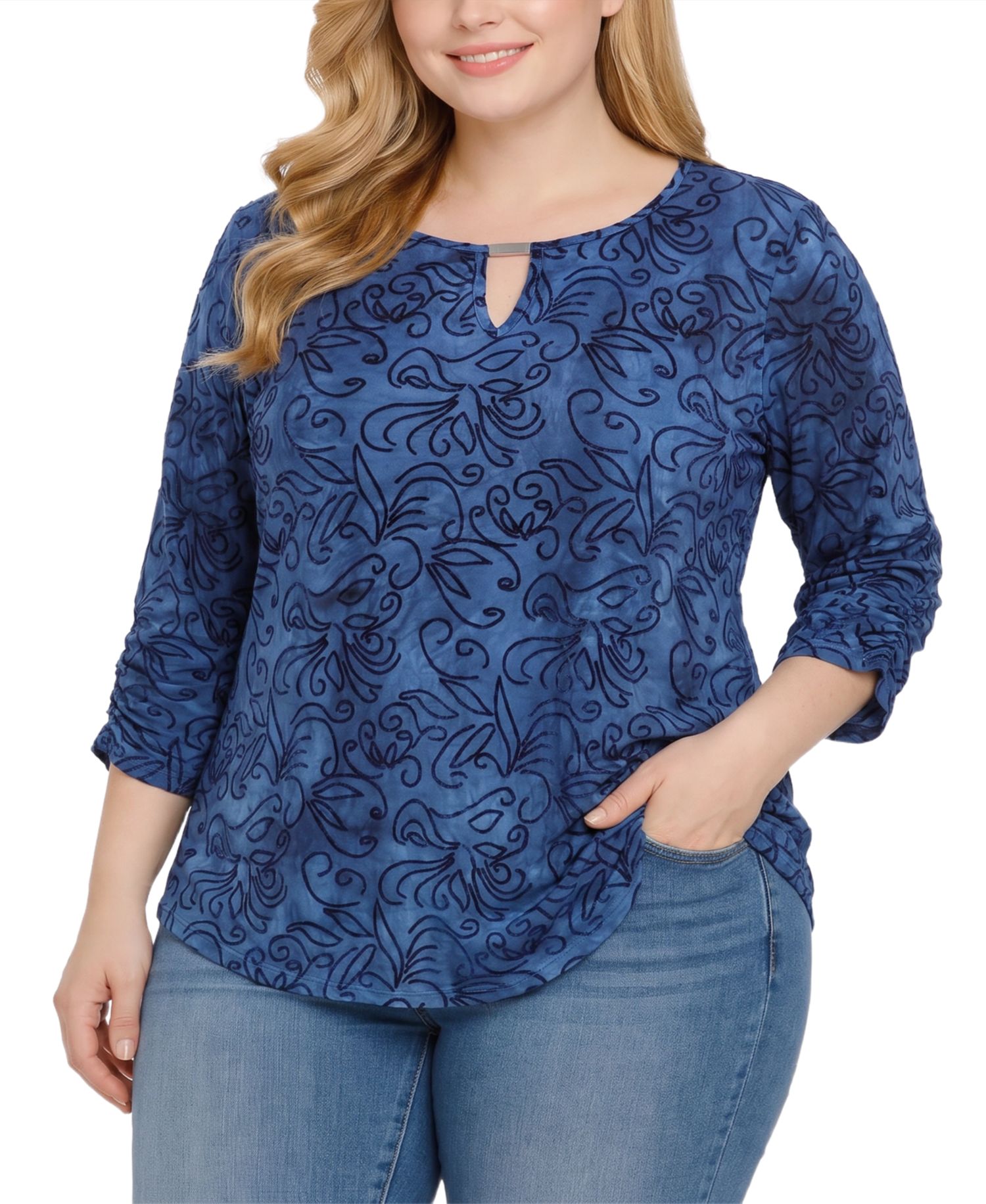 Plus Size Keyhole 3/4-Sleeve Blouse
