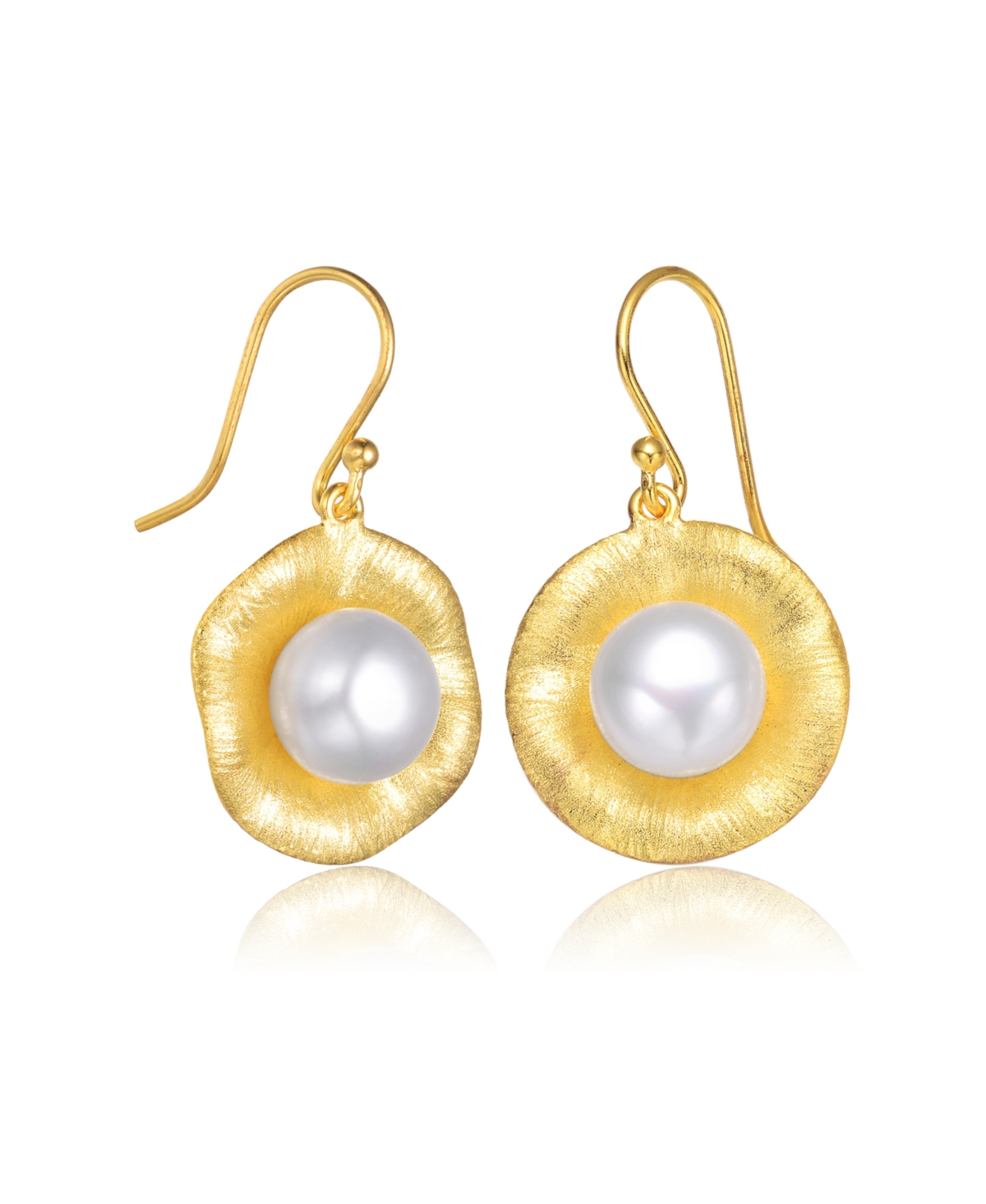 Sterling Silver 14K Gold Plated with Genuine Freshwater Round Pearl Hook Earrings - Gold