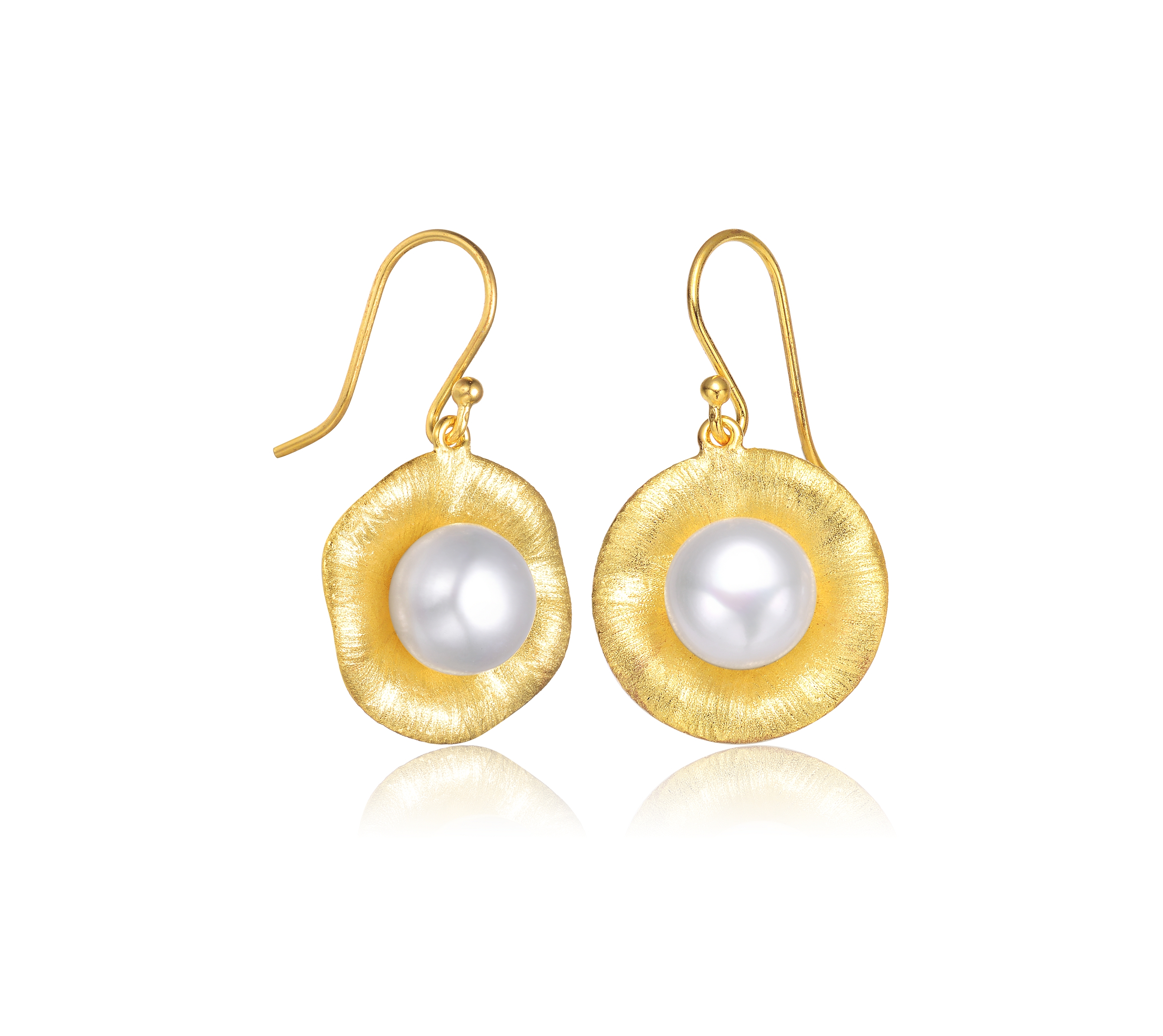 Sterling Silver 14K Gold Plated with Genuine Freshwater Round Pearl Hook Earrings