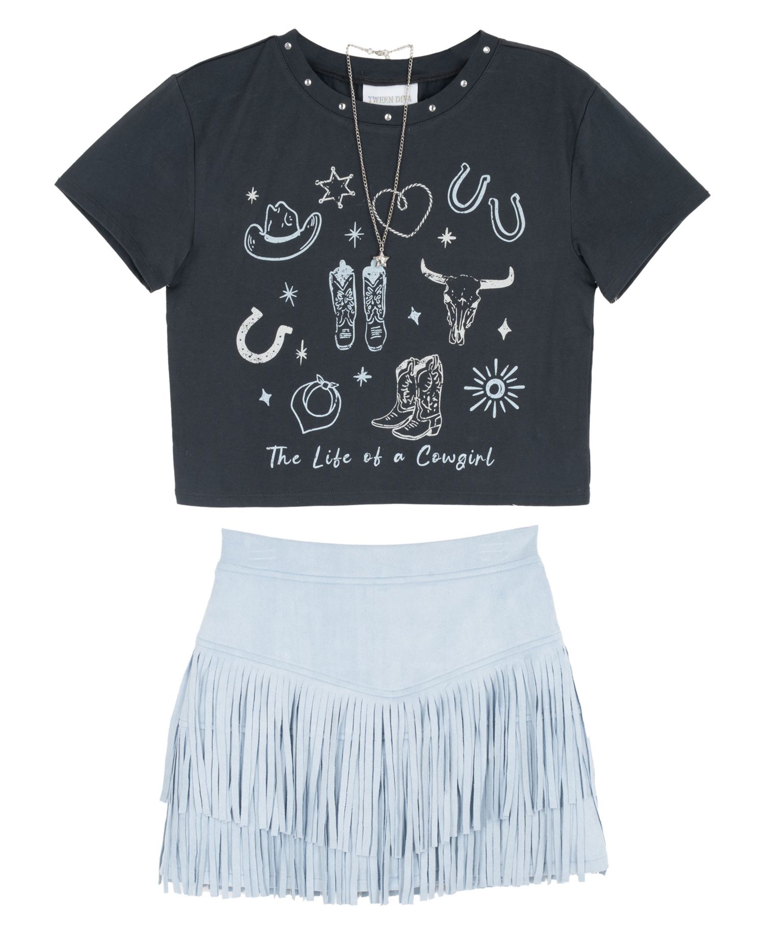 Girls' 7-20 Graphic Fringe Cropped T-Shirt, Skirt, and Necklace, 3-Piece Set