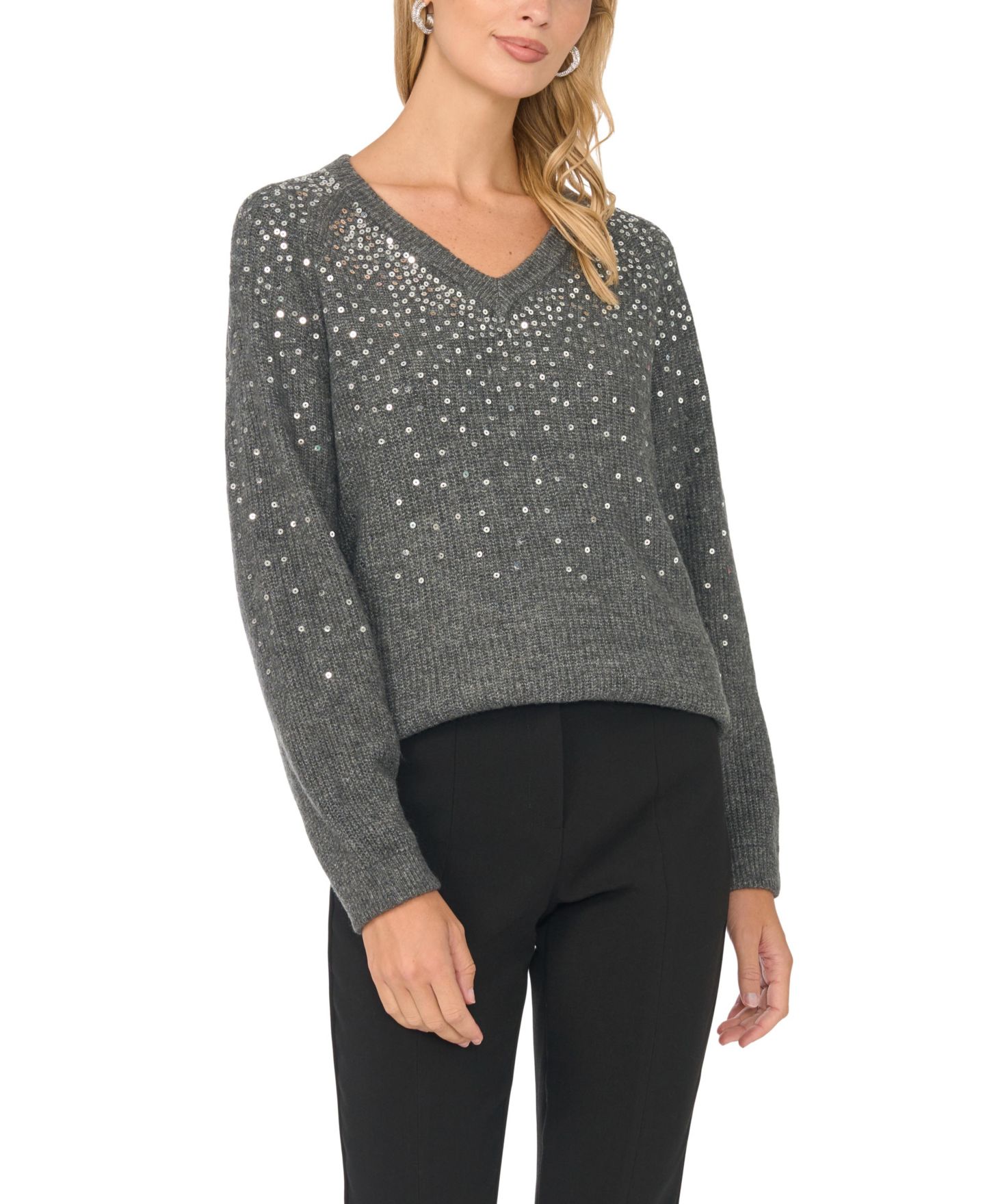 Женский свитер Vince Camuto V-Neck Sequin Ribbed-Knit, цвет: Medium Hea — фото 1