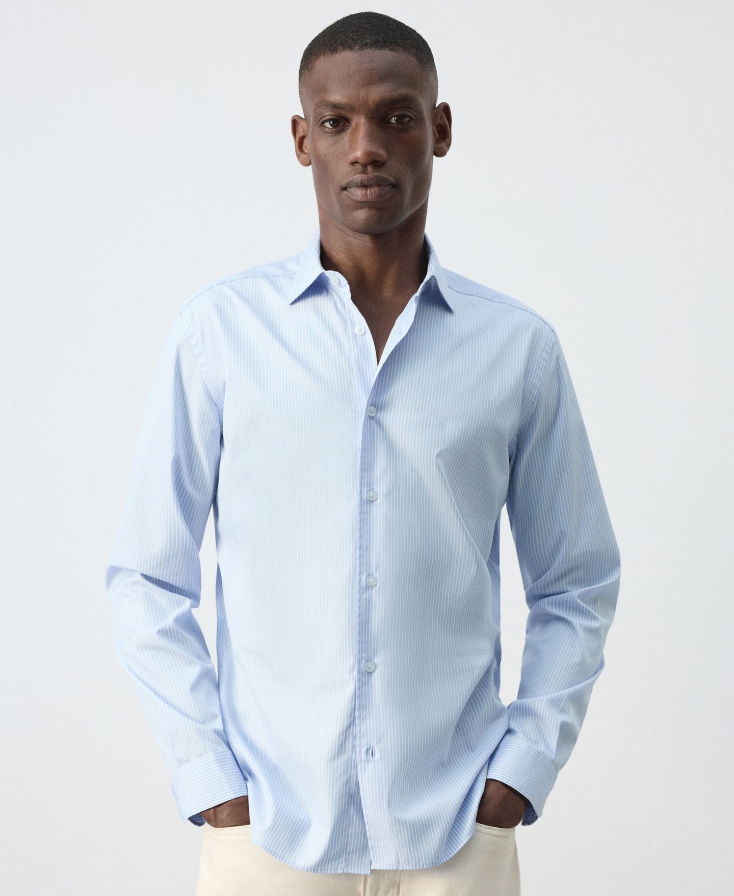 Мужская рубашка Mango Candela Cotton Striped Long-Sleeve, цвет: Небесно-голубой — фото 3
