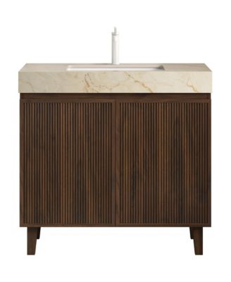 36 Inch Bathroom Vanity with Sink Cream Vein Sintered Stone Top Ceramic Basin 1 Pre Drilled Faucet Hole Disassembled No Faucet Drain Woodg
