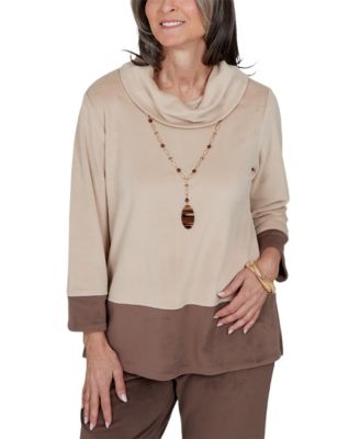 Women's Colorblock Cowl Neck 3/4-Sleeve Faux Suede Tunic Top