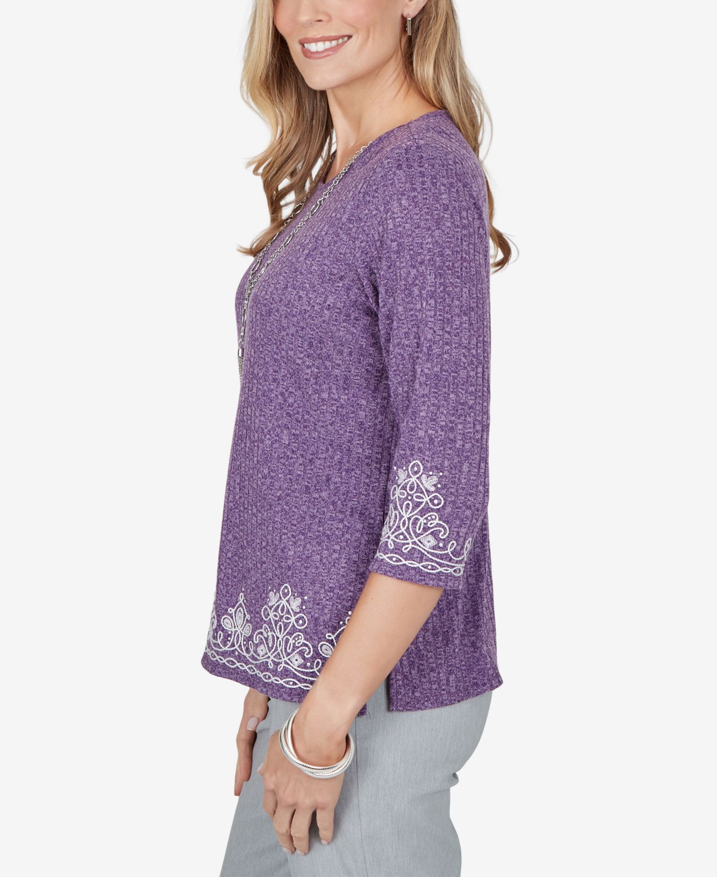 Женский топ Alfred Dunner 3/4-Sleeve Crew Neck Embellished Knit, цвет: Amthyst — фото 3