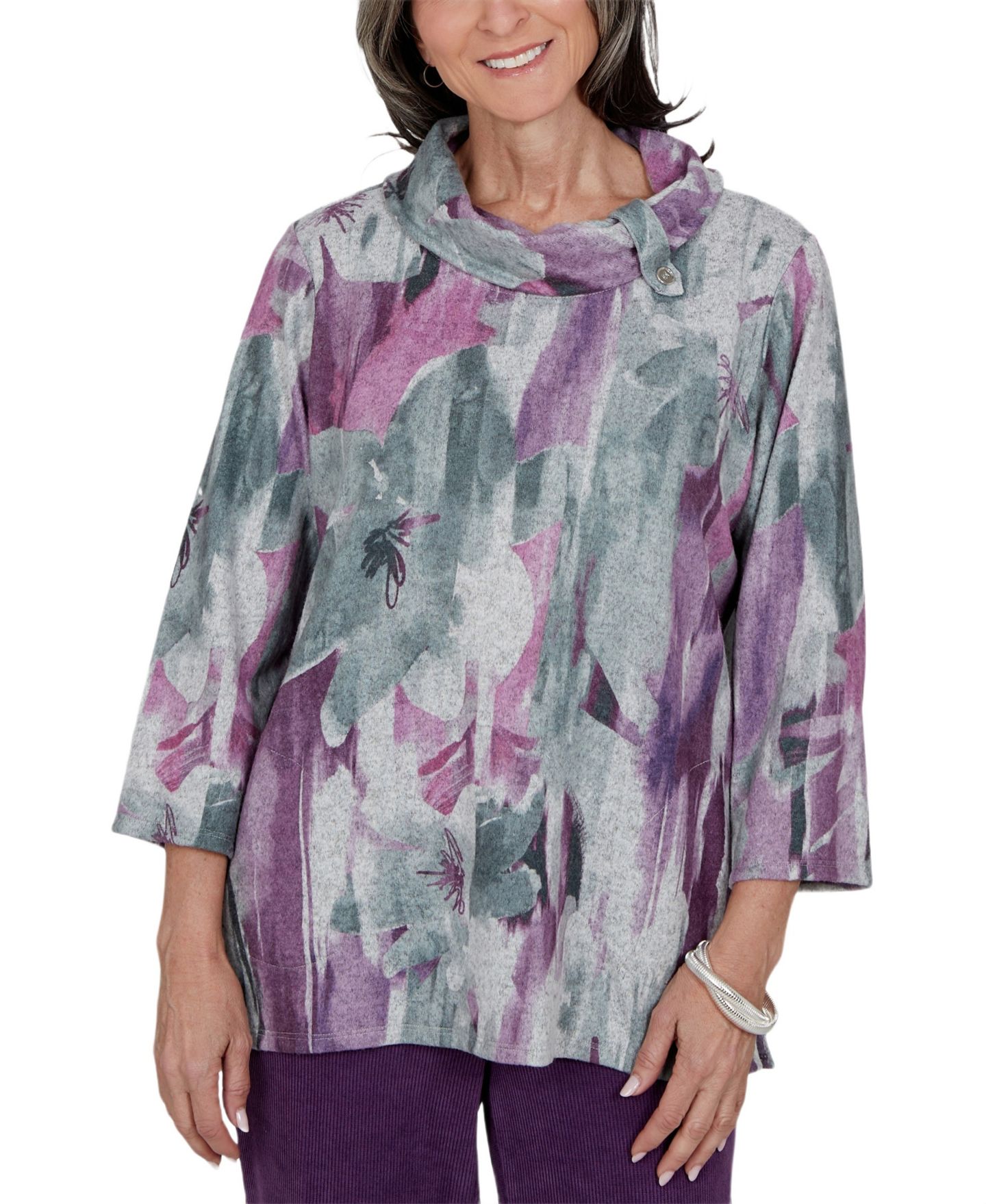 Женский топ Alfred Dunner Cowl Neck 3/4-Sleeve Floral-Print, цвет: Серый — фото 1