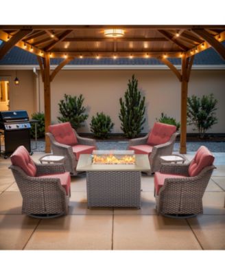7-Piece Patio Furniture Set with Fire Pit Table, PE Wicker Rattan Swivel Rocker Chairs and 6" Thick Cushions Chairs