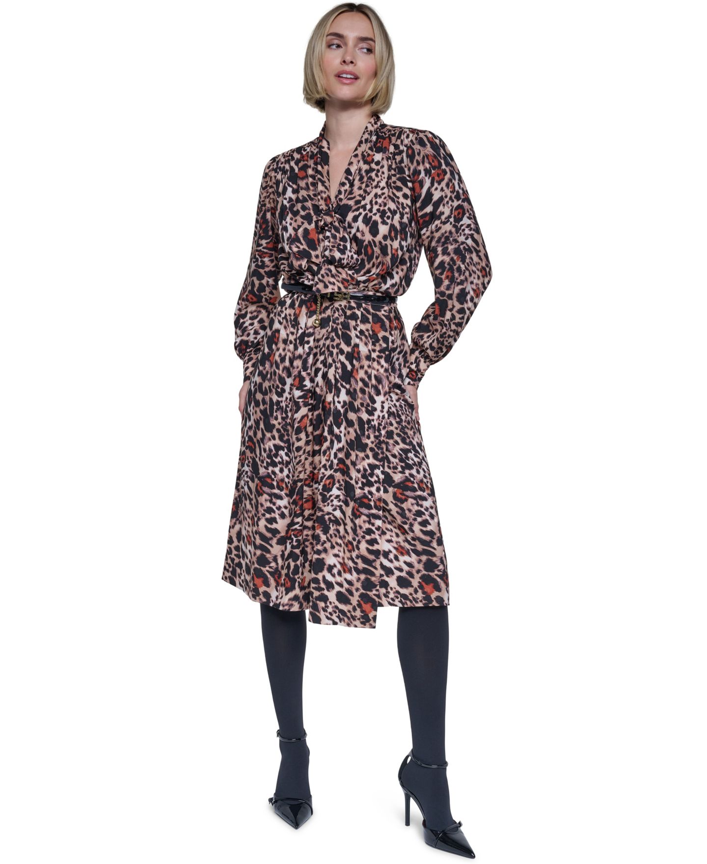 Женское платье Sonia Rykiel Bow Leopard-Print Long-Sleeve V-Neck Wrap, цвет: Рыжевато-коричневый разноцветный — фото 1