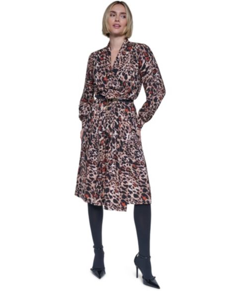 Женское платье Sonia Rykiel Bow Leopard-Print Long-Sleeve V-Neck Wrap, цвет: Рыжевато-коричневый разноцветный
