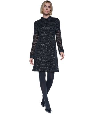 Women's Sequin Collared Long-Sleeve Shirt Dress