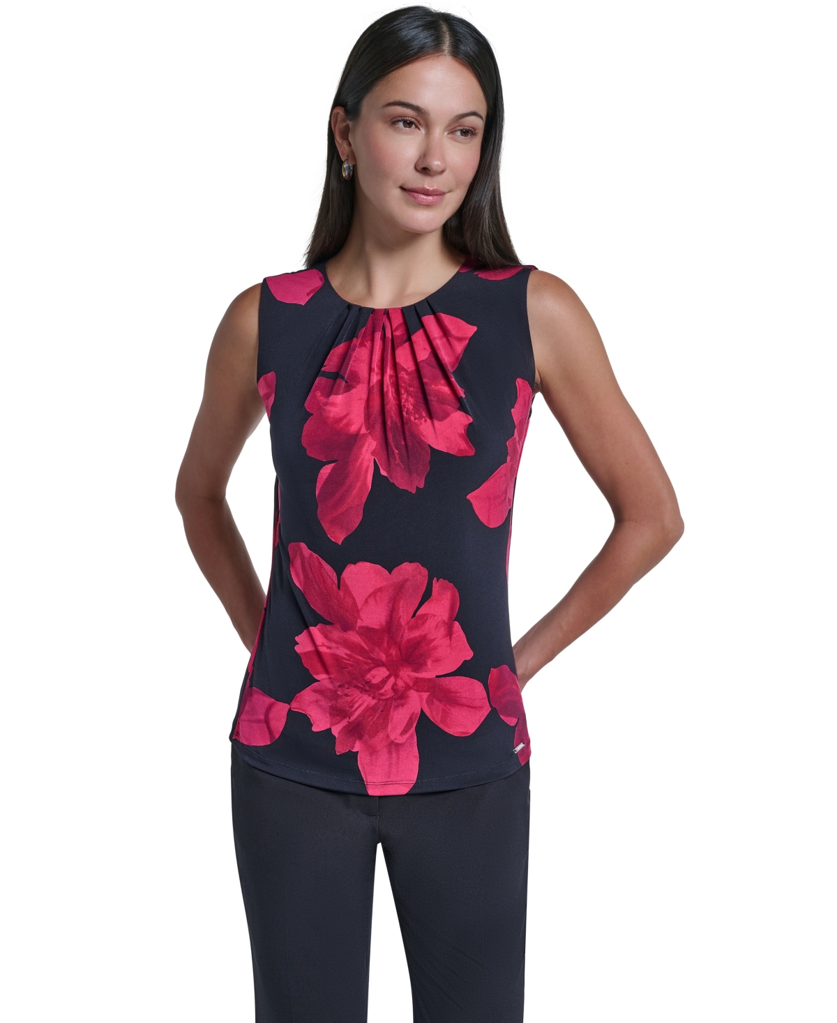 Calvin Klein Women's Floral-Print Pleated Sleeveless Blouse
