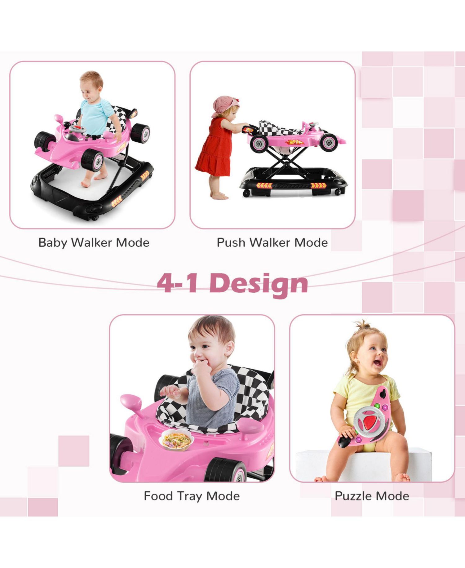 Baby Walker with Adjustable Height and Convertible Design for Infants