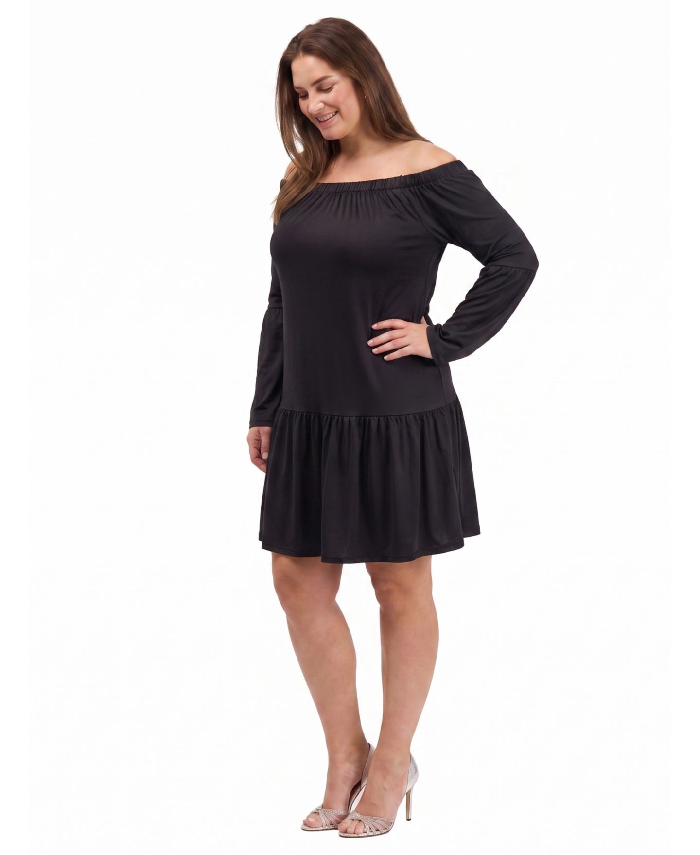 Женское платье 24seven Comfort Apparel Plus Size Off-the-Shoulder Long-Sleeve Bell-Sleeve Mini, цвет: Чёрный — фото 2