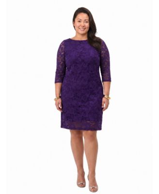Plus Size Floral-Print Crewneck Three-Quarter Sleeve Lace Dress