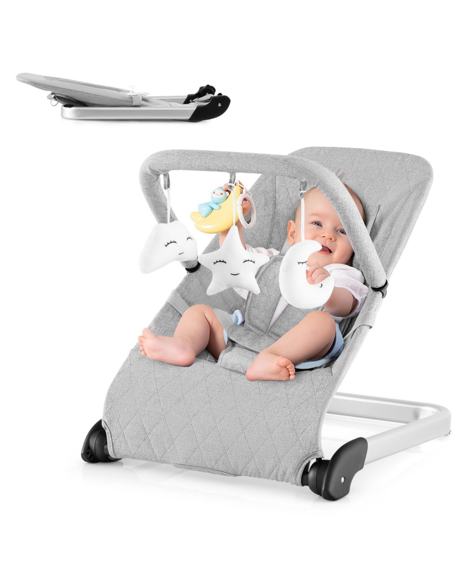 Foldable Infant Bouncer with Removable Fabric Cover and Activity Toy Bar-Grey